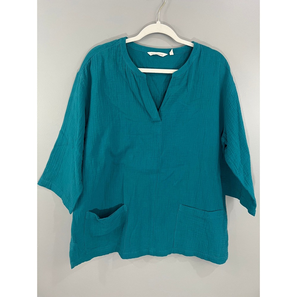 Soft Surroundings Tunic Women M Teal Great Gauze Cotton 3/4 Sleeve Pocket 2EK38